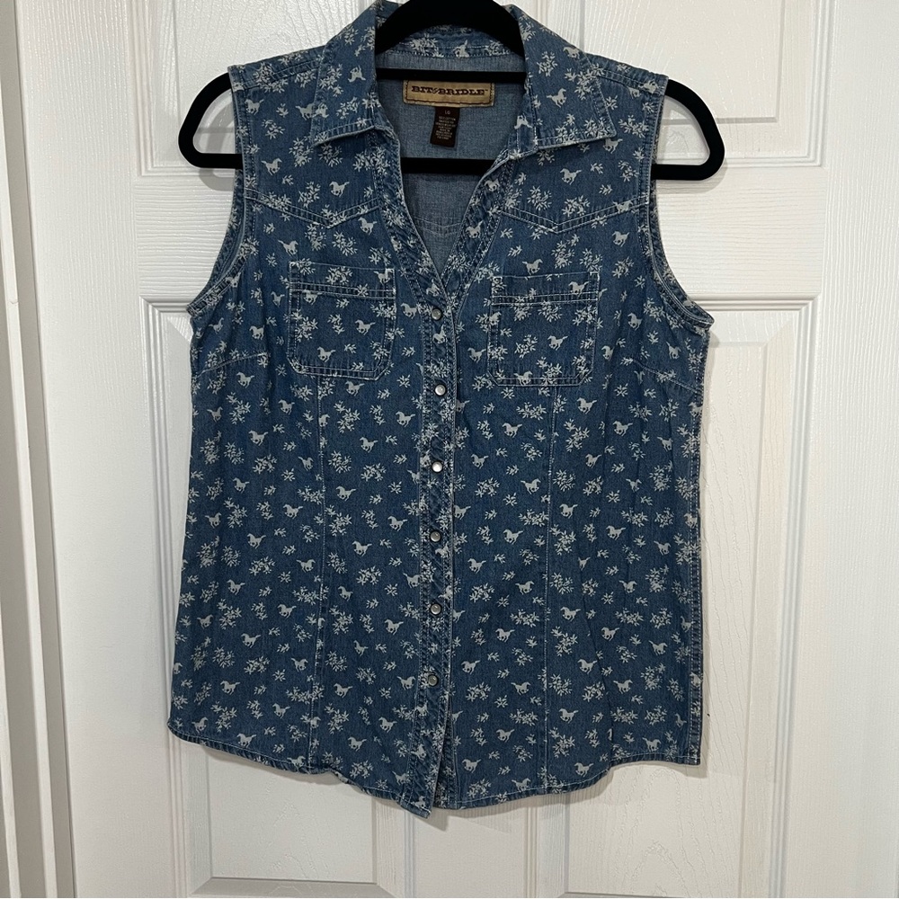 Bit & Bridle Blue Denim Sleeveless Shirt With White Floral & Horse Design